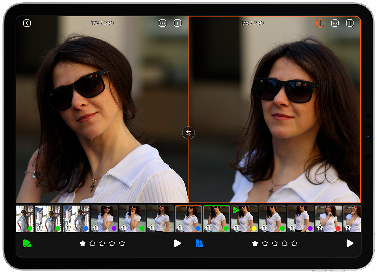 Modo de comparação do PhotoPicker: duas fotos parecidas lado a lado em um tablet para escolher no nível do pixel
